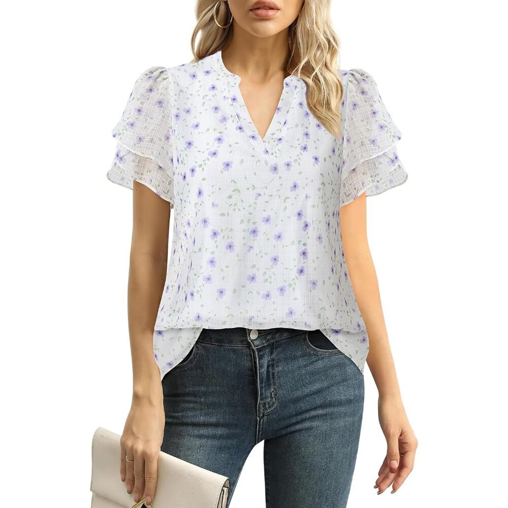 Womens Blouse Chiffon Short Sleeve V Neck Petal Puff Elegant Summer Shirt